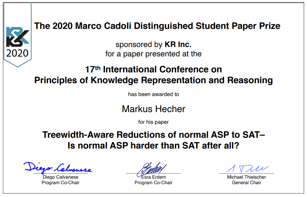 Marco Cadoli Best Student Paper Award 2020